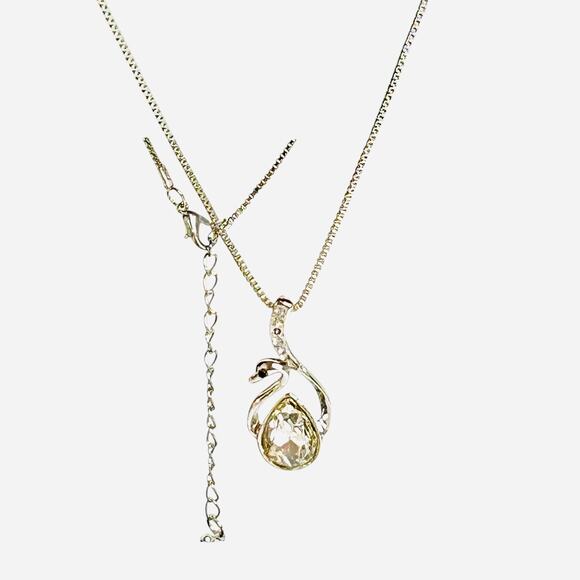 Swan Large Teardrop Rhinestone Silver Tone Pendant Necklace - Picture 3 of 4
